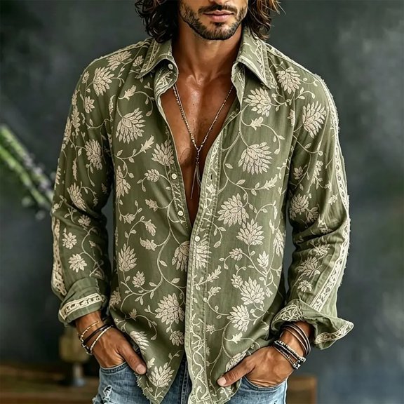 Fsmtpdam Cotton Hawaiian Shirts for Men Floral Button Down Collared Long Sleeve Boho V Neck Vintage Top Lightweight Summer Beach Holiday Relaxed Fit Vacation Tees