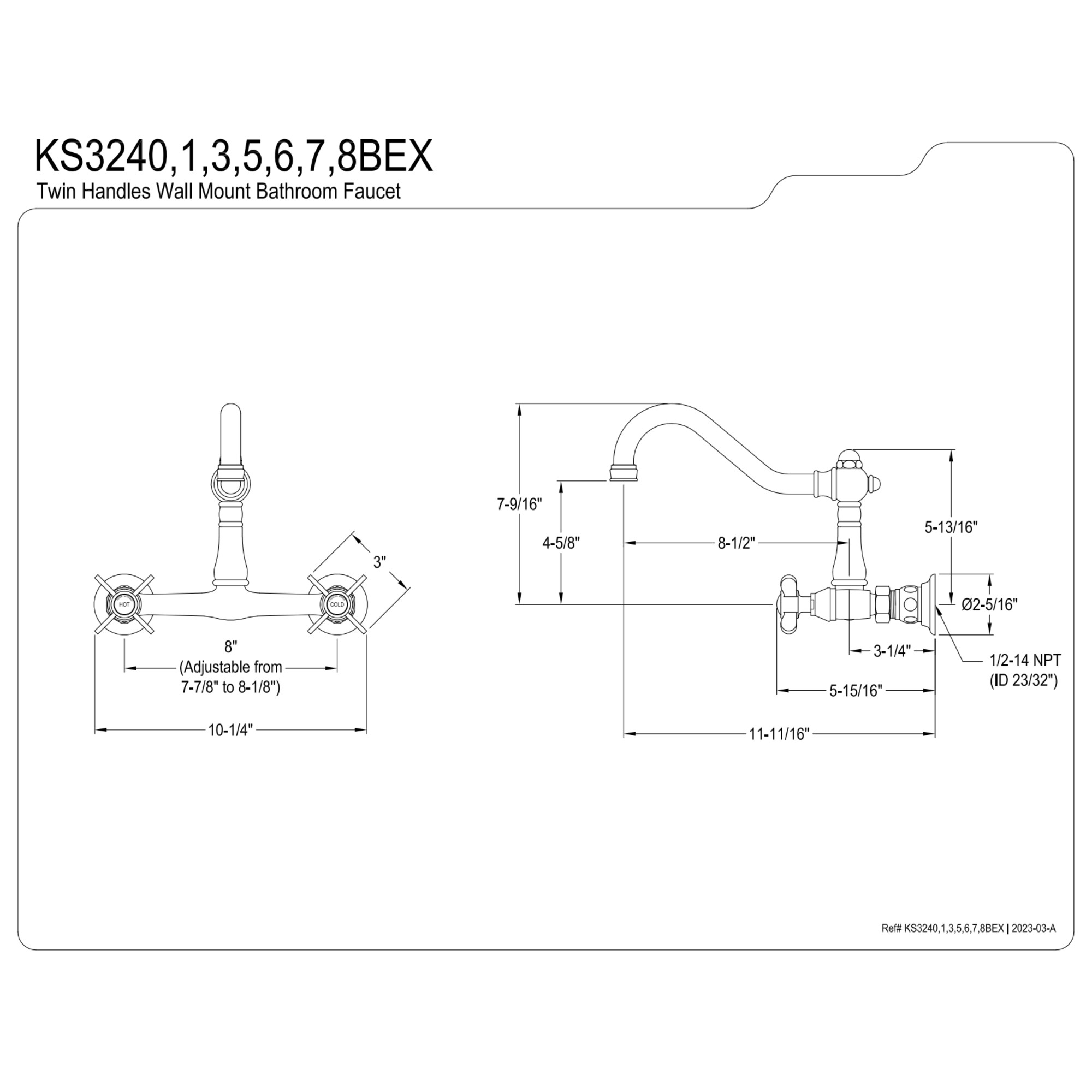 Kingston Brass KS3243BEX Essex Double-Handle Wall Mount Bathroom Faucet, Antique Brass