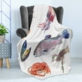 thumbnail image 4 of Sea Animals Soft Flannel Fleece Throw Blanket, Food Illustration Shrimp Mussel Fish Crab Watercolor Painting Effect, Cozy Plush for Indoor and Outdoor Use, 70" x 90", Mustard Navy, by Ambesonne, 4 of 5