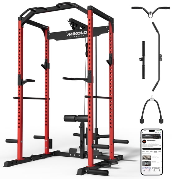Mikolo Multi-Functional Squat Rack with LAT Pulldown System Exercise Power Cages, Metal Red