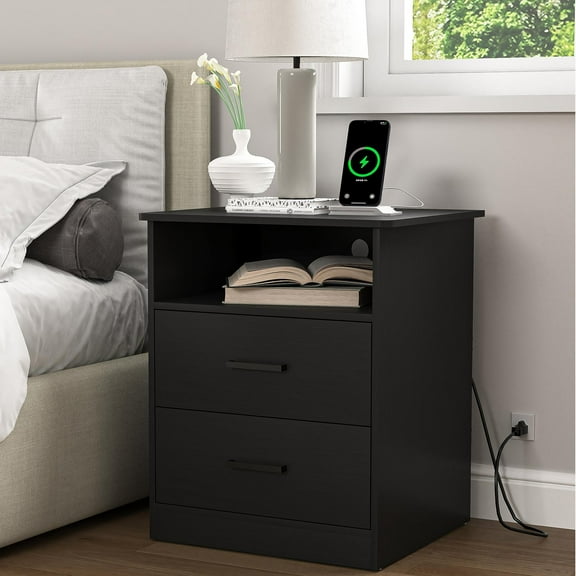 Resenkos Wood Nightstand With Charging Station, Bedside Table With 2 Drawers, Night Stand With Storage For Bedroom, Black