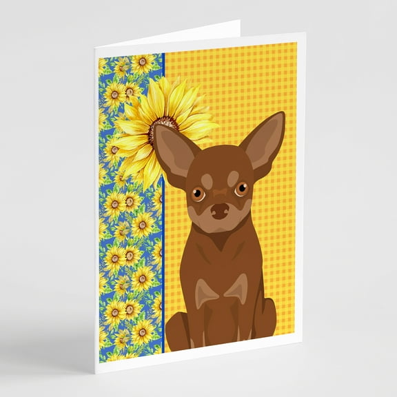 Summer Sunflowers Chocolate and Tan Chihuahua Greeting Cards and Envelopes Pack of 8 7 in x 5 in