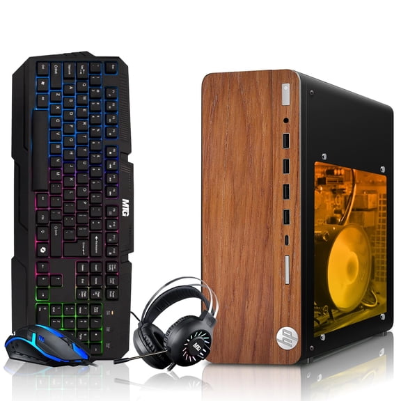 Restored HP Full Dark Gaming PC Desktop Computer – AMD Pro A10-9700,GT 1030 Graphics,8GB RAM,256GB SSD,RGB Keyboard with AI Copilot,Mouse,WiFi,RGB Headphone,Windows 11
