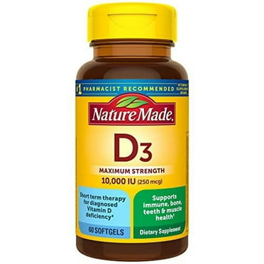 Nature Made Maximum Strength Vitamin D3 10000 IU (250 mcg), Dietary Supplement for Immune Health Support, 60 Softgels, 60 Day Supply