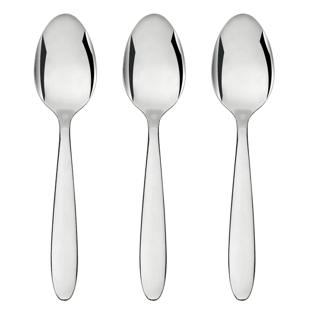 Set of three Mainstays Breck stainless steel adult dinner spoons in silver with smooth, polished handles.