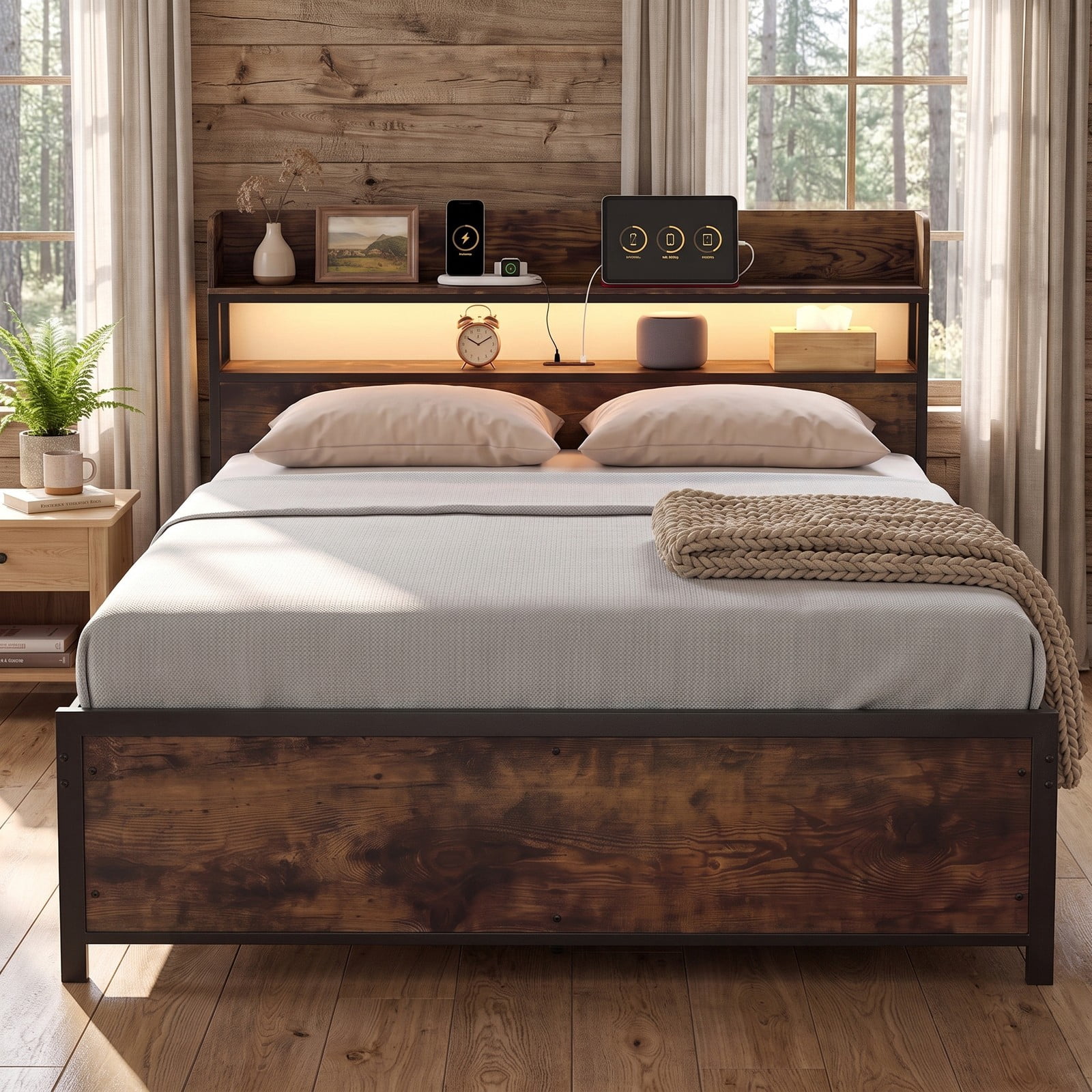 Furnibear Queen Size Bed Frame with Storage Headboard, LED Platform Bed Frame with Power Outlets and USB Ports, Rustic Brown