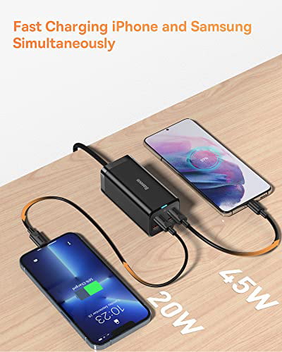 USB C Charger iPhone 13/12 iPad Pro Charging Station with 5ft AC Cable for MacBook Pro/Air Samsung Galaxy Baseus 65W PD GaN3 Fast Wall Charger Block 4-Ports 2USB-C + 2USB etc USB-C Laptop 