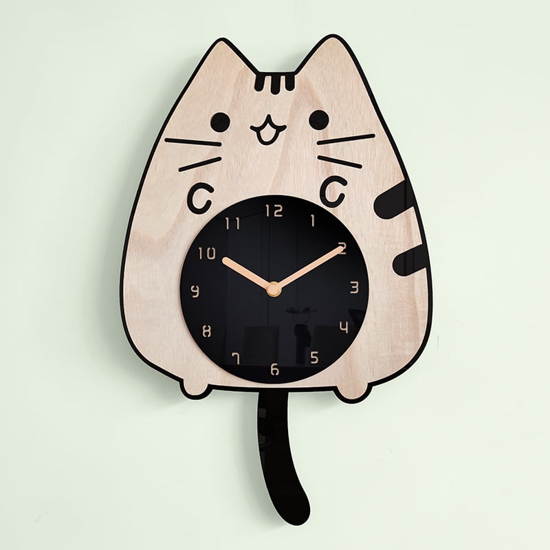 Relojes de gato con cola oscilante y ojos Reloj de dibujos animados de madera Reloj de pared oscilante silencioso creativo con cola que mueve el gato