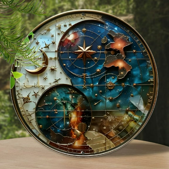 Vintage Celestial Metal Wall Art Decor, 8x8 Inch Aluminum Sign, Starry Sky Nautical Compass Theme, Electricity-Free, Featherless, Ideal for Outdoor & Indoor Decoration in Home, Restaurant