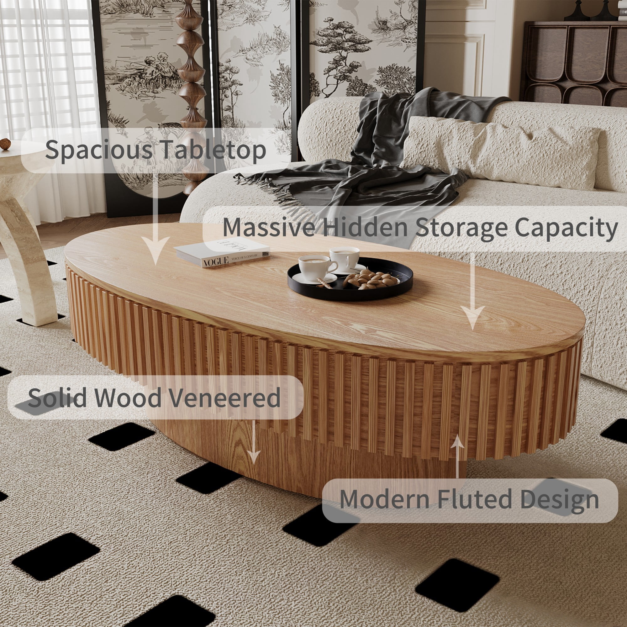 47" Oval Coffee Table with Storage, Fluted Modern Coffee Table with Hidden Storage, Wood Veneer Center Table for Living Room, Natural