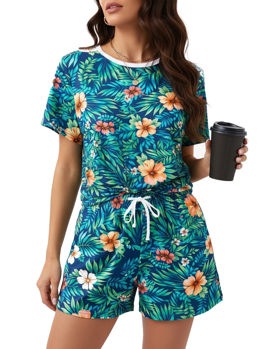 PatPat Lounge Sets for Women 2 Piece Pajama Set Vacation Outfits Short Sleeve Top and Shorts Trendy Home and Street Loungewear with Drawstring Pockets, Tibetan Blue, M