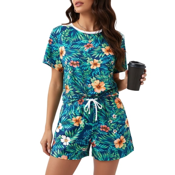 PatPat Lounge Sets for Women 2 Piece Pajama Set Vacation Outfits Short Sleeve Top and Shorts Trendy Home and Street Loungewear with Drawstring Pockets, Tibetan Blue, M
