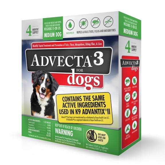 Advecta 3 Tick, Flea, and Mosquito Repellent and Treatment for Medium Dogs, 4 Monthly Doses