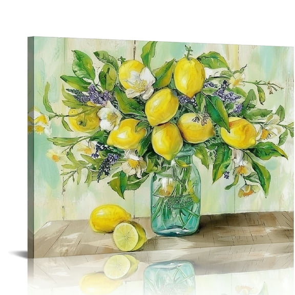 EastSmooth  Watercolor Lemons In Mason Jar Landscape Canvas Wall Art Print, Farmhouse Citrus Floral Bouquet , Lemons and Limes Artwork,  20x16in