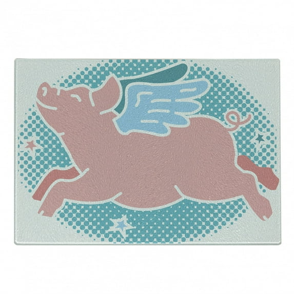 Blue and Pink Cutting Board, Happy Flying Pig with Wings on Retro Style Dotted Oval, Decorative Tempered Glass Cutting and Serving Board, in 3 Sizes, by Ambesonne