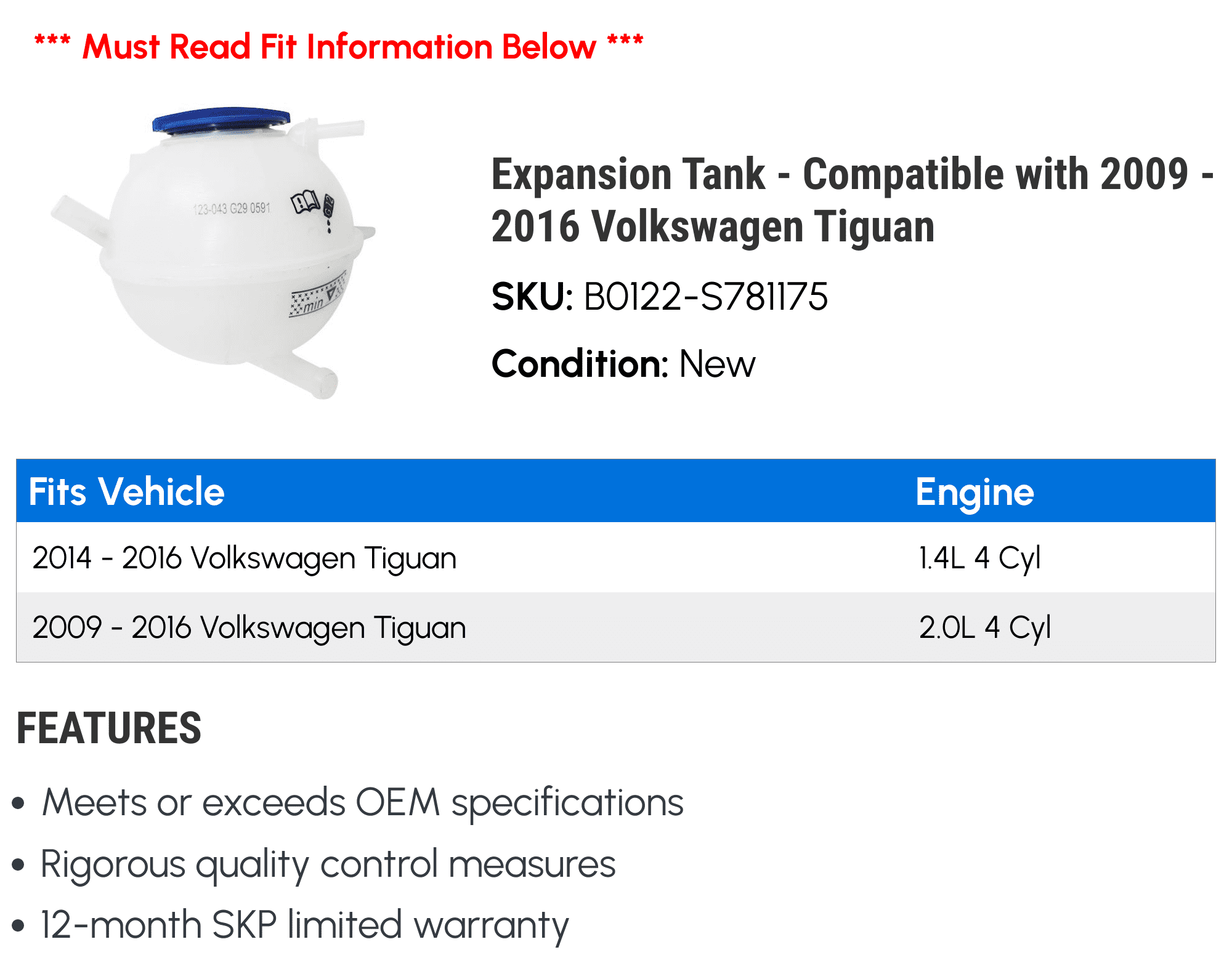 Expansion Tank - Compatible with 2009 - 2016 Volkswagen Tiguan 2010 2011 2012 2013 2014 2015
