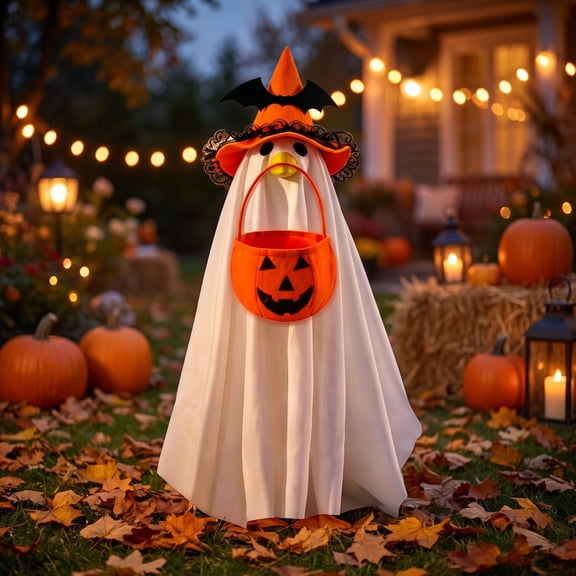 Halloween Porch Goose Outfit, 30 Inch Porch Goose Outfits Goose Clothes with Witch Hat and Pumpkin Candy Bag, Halloween Outdoor Lawn Yard Decor, 1 Piece