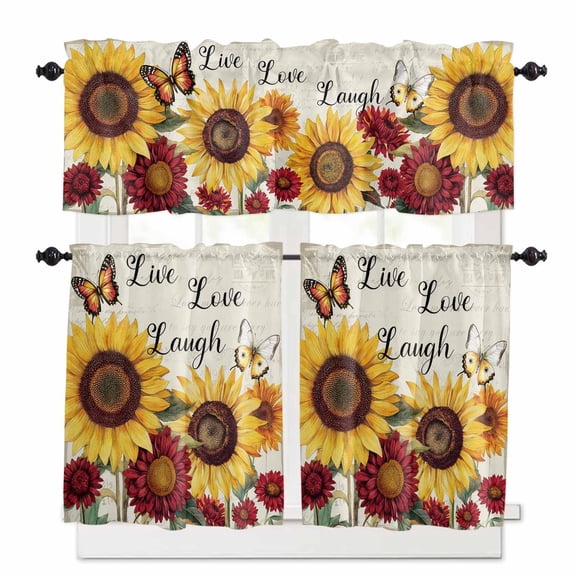 Sunflower Butterfly Kitchen Curtains Valances and Tiers Set of 3 Yellow Red Floral Tier Curtains and Valance for Kitchen Bathroom Small Windows 27.5"W x 36"L (Pack of 3)