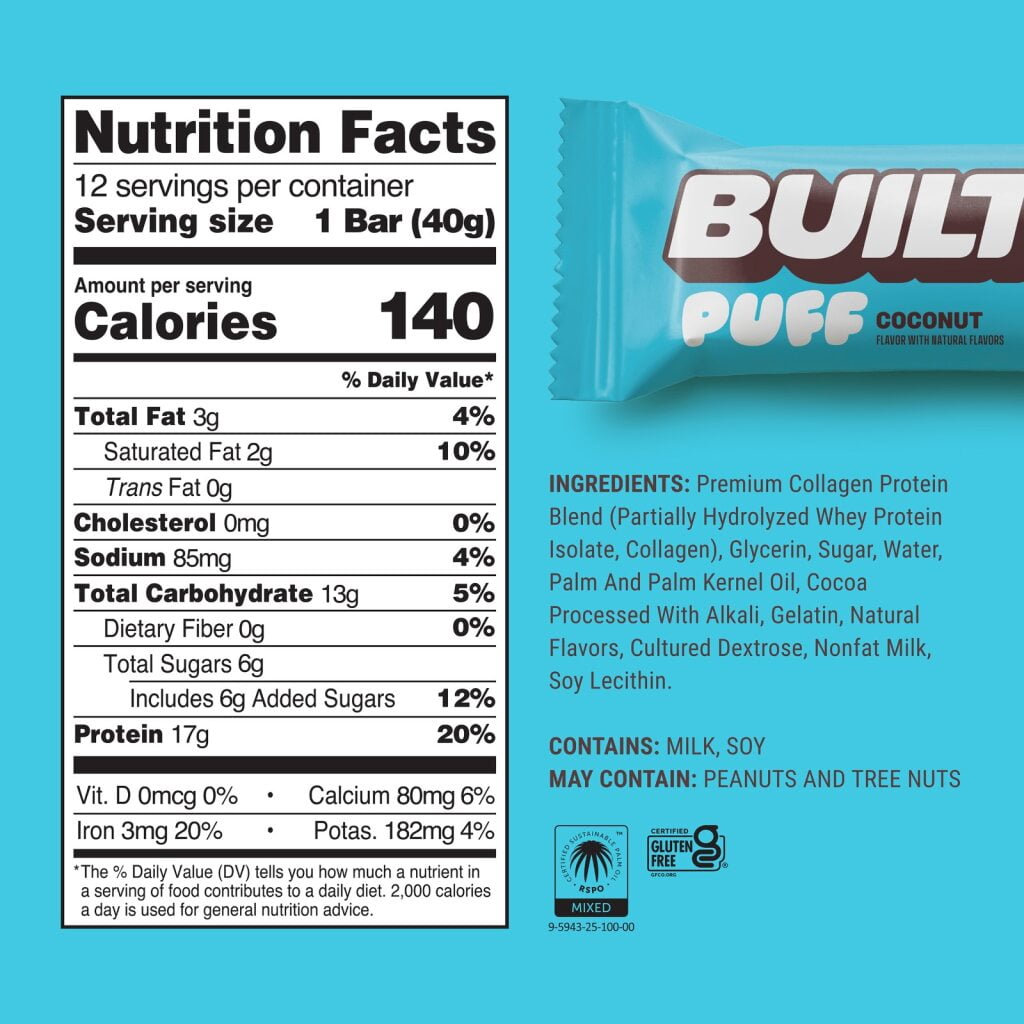 (2 pack) BUILT Puff Protein Bar, Coconut, 17g Protein, Collagen, 140 Calories, Single 1.41 oz Bar