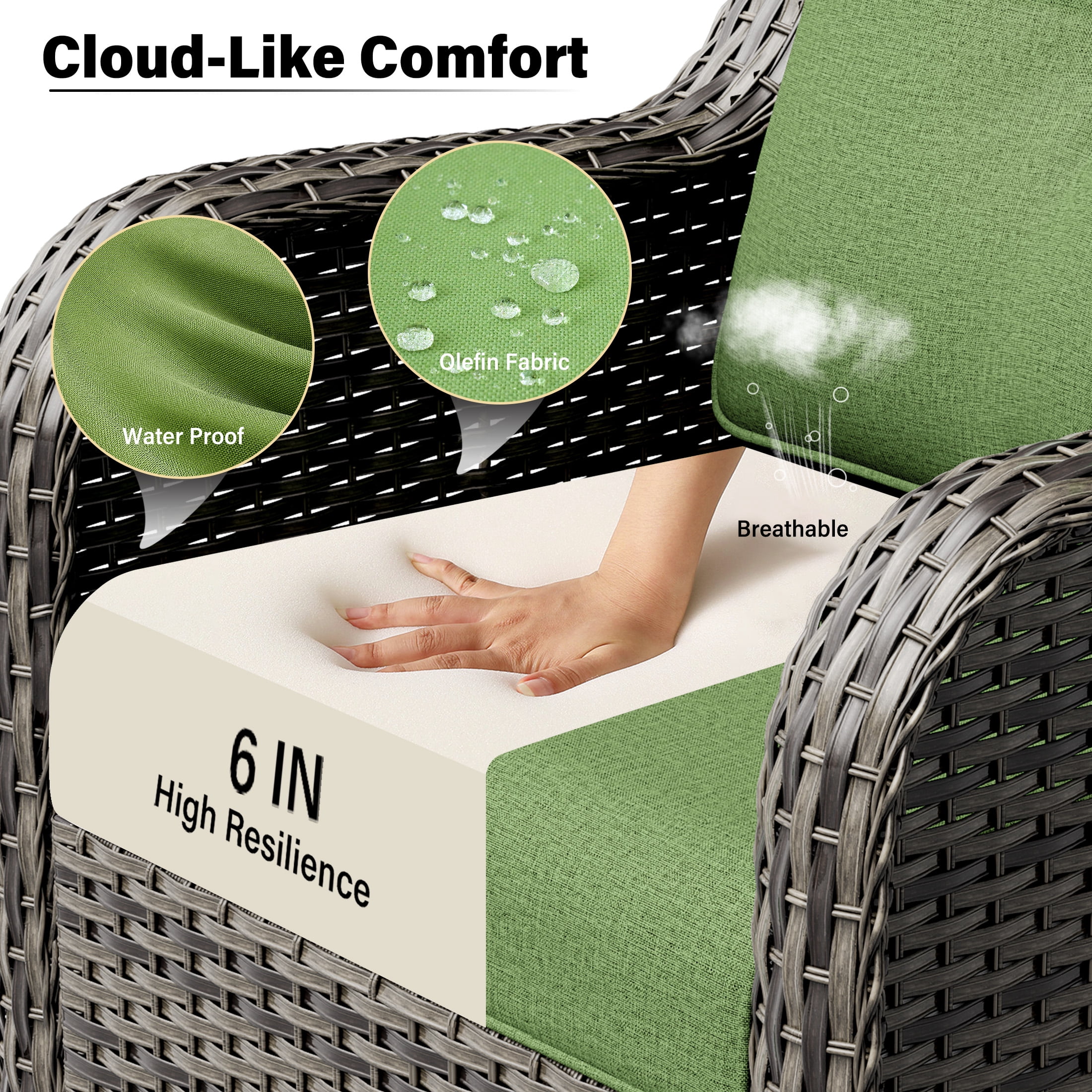 MeetLeisure 3 Piece Wicker Patio Furniture Set with Side Table, Outdoor Swivel Rocker Chairs with High Back, Deep Seating, Wide Armrest, Thick Cushions for Deck Porch, Green