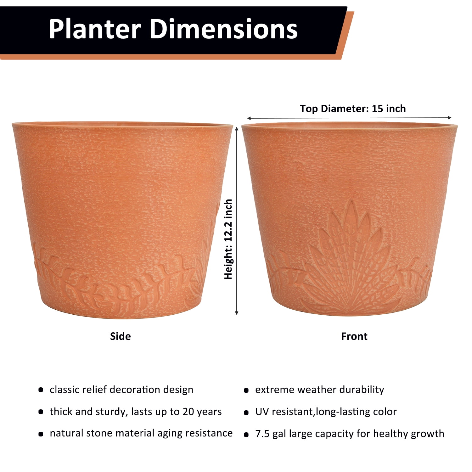 GreenShip 15 inch Large Planters, Set of 2 Relief Planters - Recycled Resin & Stone Composite Flower Pots - Weather Resistant Lightweight Garden Pots for Indoor Outdoor Plants