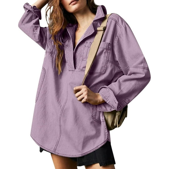 CAILDANL Women's V-Neck Denim Pullover Hoodie Sweatshirt, Stretch Comfortable Buttonless Top with Long Sleeves, Casual Loose