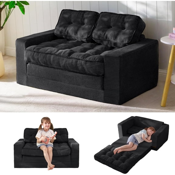 Convertible 2-in-1 Sofa Bed for Kids – Foldable Floor Lounger Chair with Pillows, Pull Out Couch for Playroom, Bedroom & Living Room (Black)