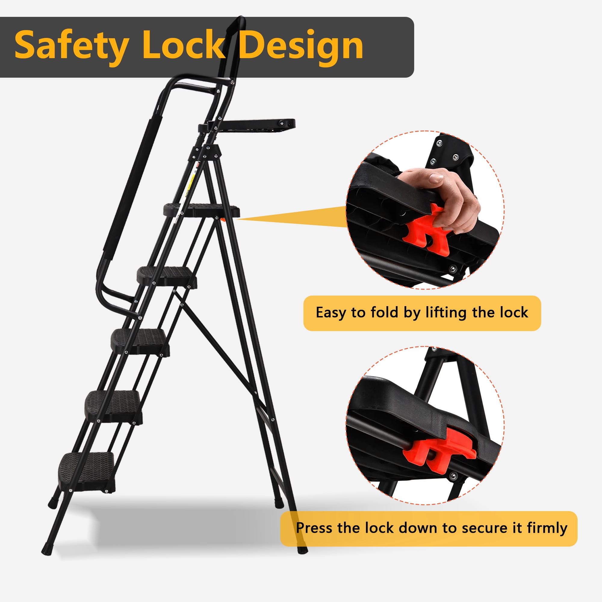 LevLad 5 Step Ladder with Tool Tray, Step Stool with Safety Lock, Non-Skid Wide Steps, Handrails, Household Folding Ladder for Home, Garden, Painting, Outdoor, Garage, Black