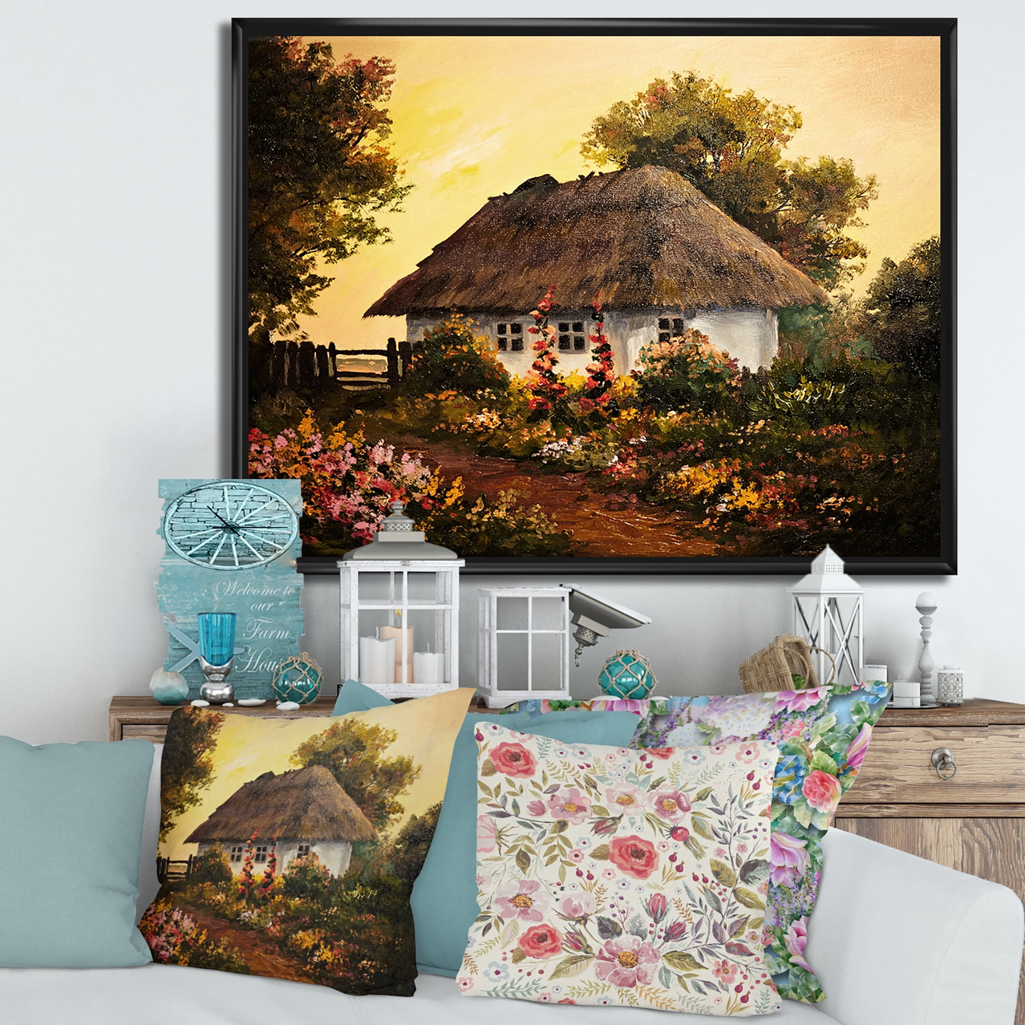 Traditional Cottage At Sunset In Autumn Flowers 20 in x 12 in Framed Painting Canvas Art Print, by Designart