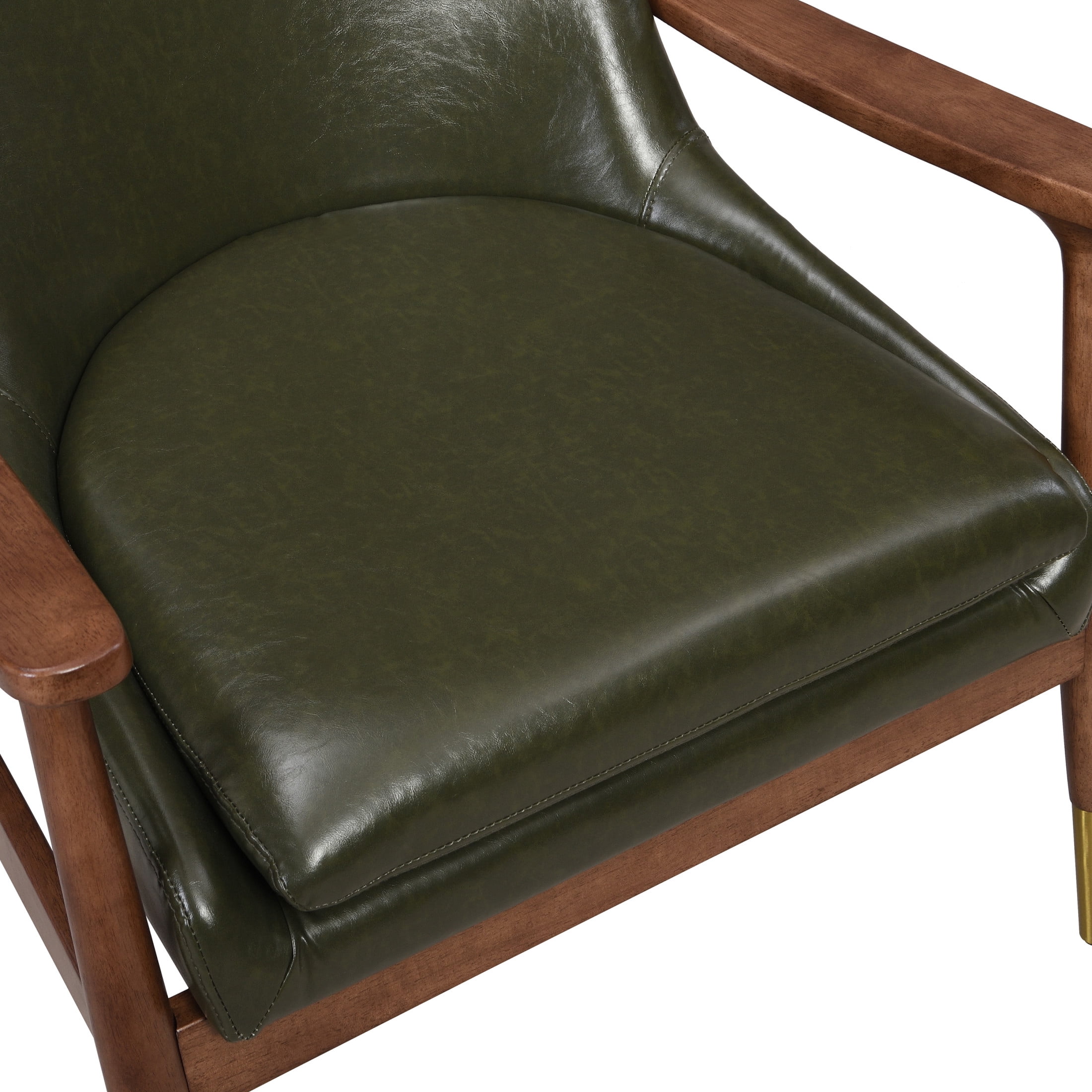 Astrid Mid-Century Modern Accent Chair With Faux Leather Upholstery, Solid Wood Frame, Brass-Tipped Legs, Wasabi Green