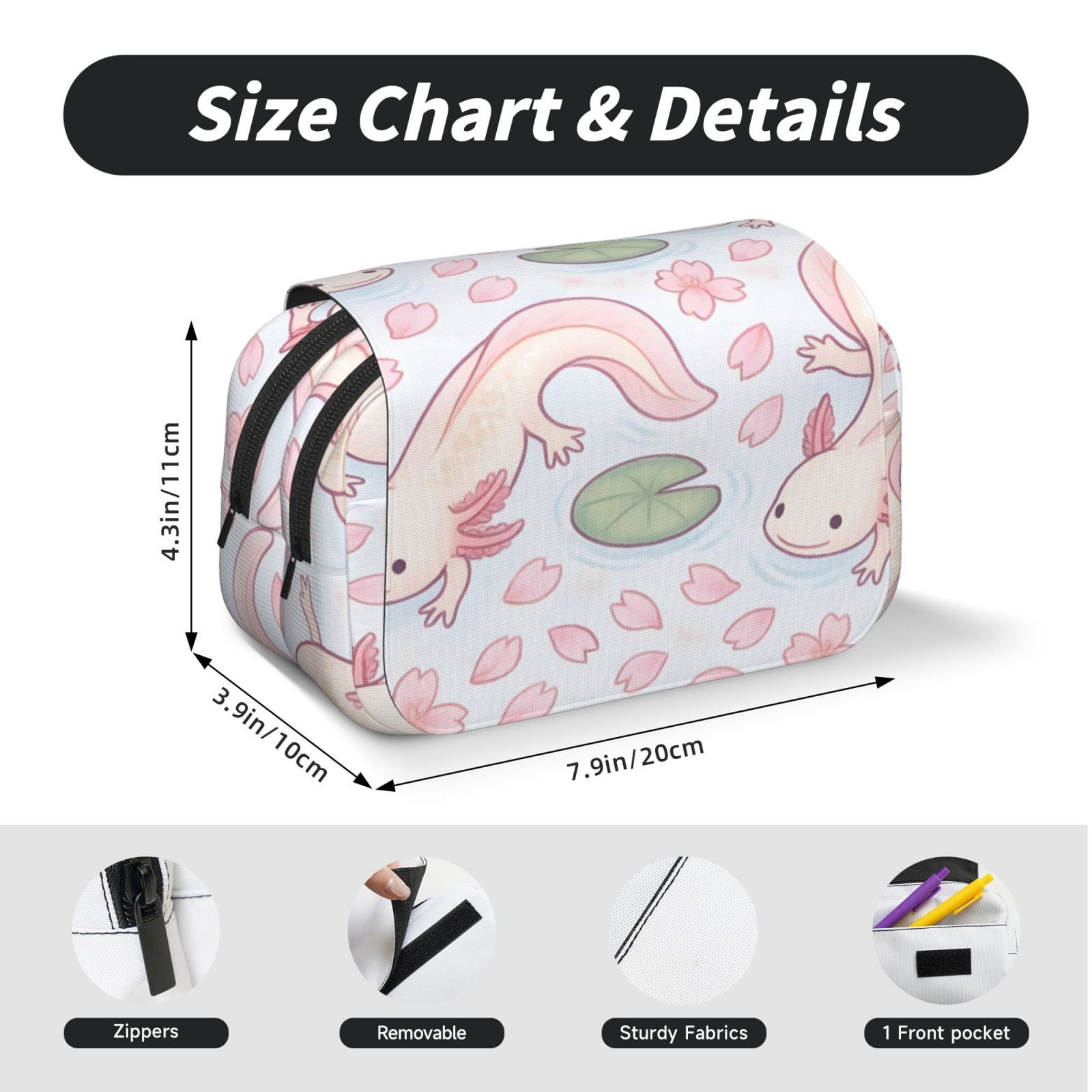 Large-Capacity Flip-Top Double-Layer Pencil Case, Multi-Functional Pocket Pen Case, Durable Stationery Organizer Sakura Pond Axolotls - Japanese Pastel