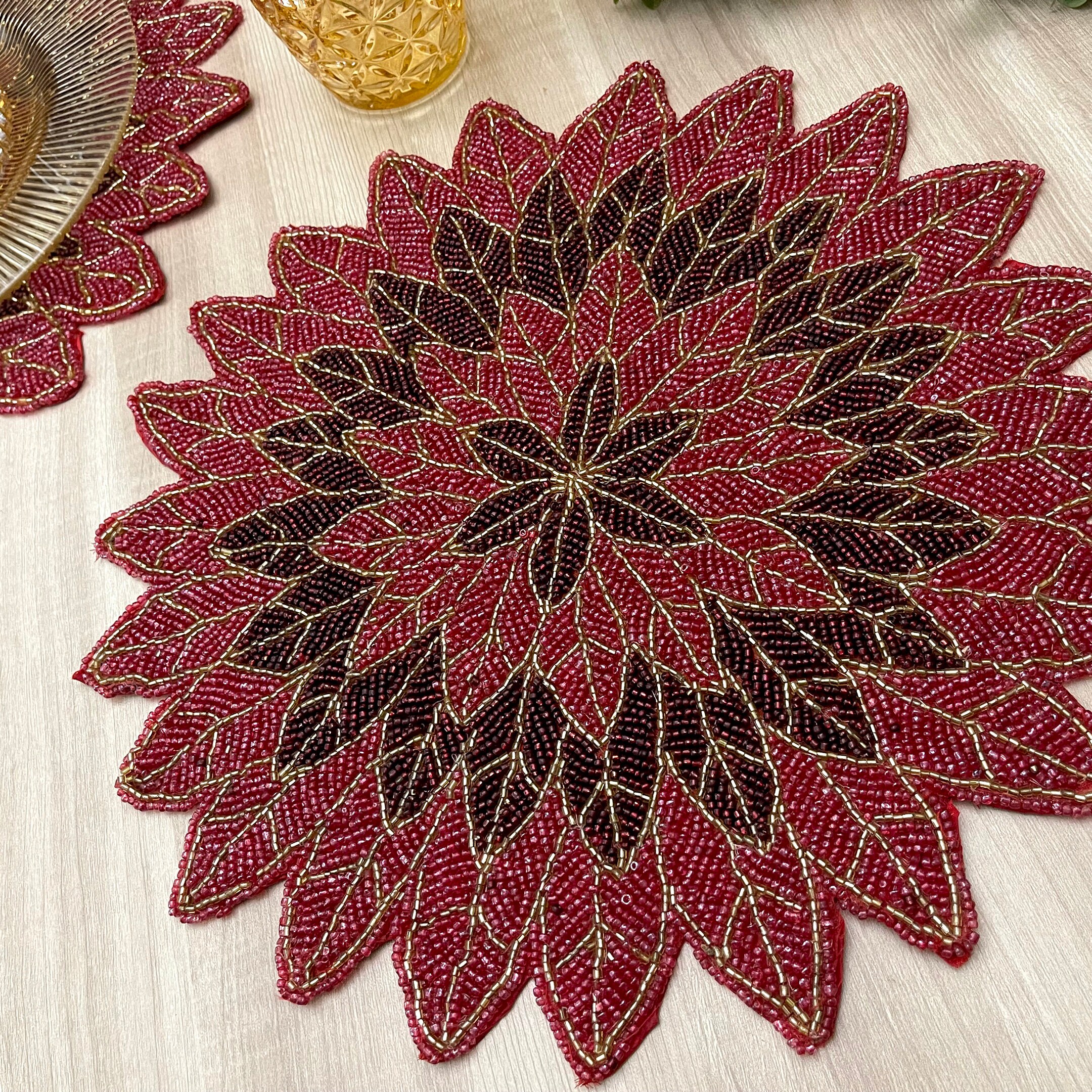 Set of 6, Christmas Poinsettia beaded placemat, gift for her, christmas décor