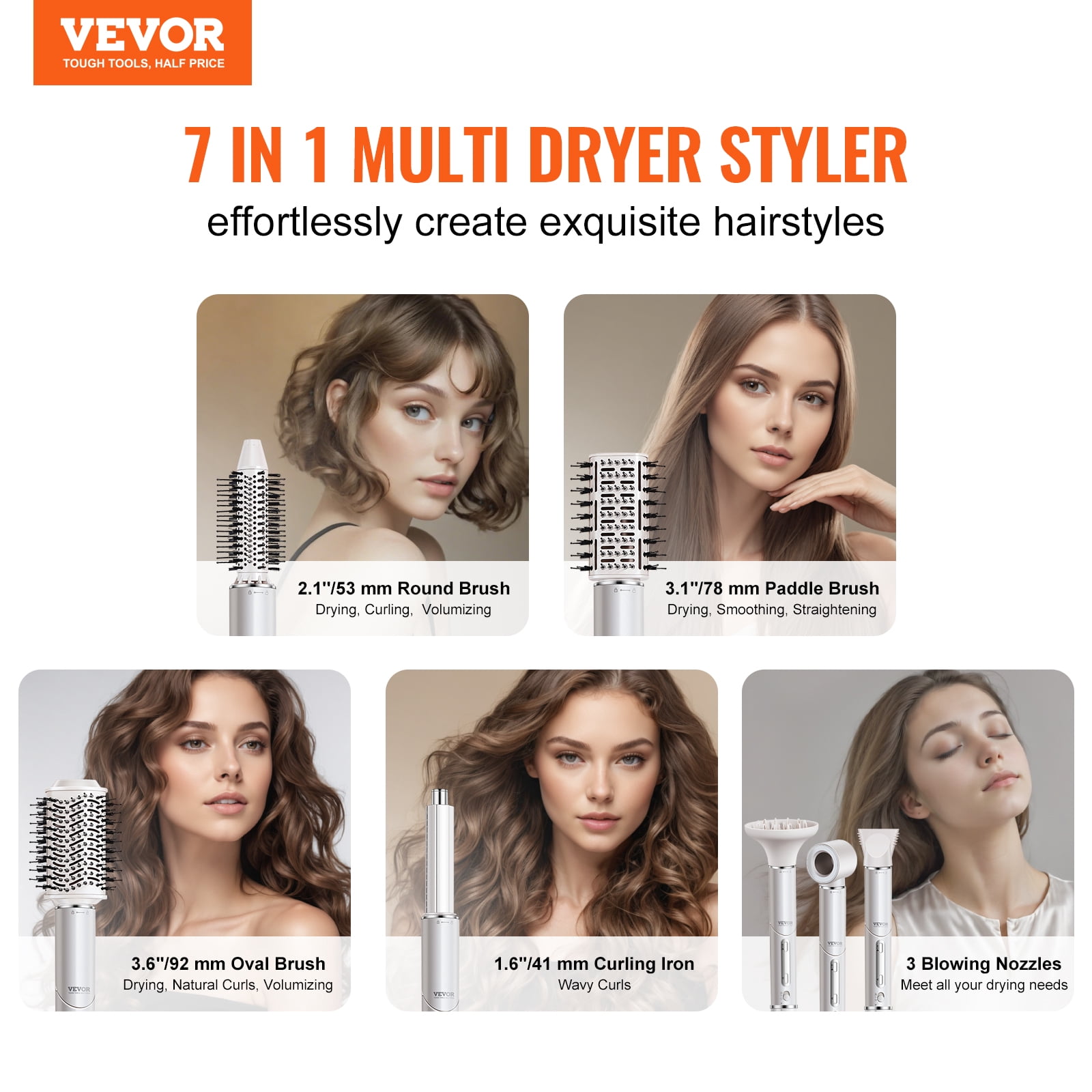 VEVOR Hair Styler Dryer Brush, 7-in-1 Professional Multi Styler, 110,000RPM High-Speed Hot Air Styler with Brushless Motor, 2 Auto-Wrap Curler, 3 Brushes & 3 Nozzle, 90° Folding Design