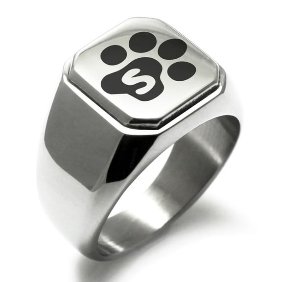 Tioneer Stainless Steel Letter S Initial Cat Dog Paws Monogram Engraved Engraved Square Flat Top Biker Style Polished Signet Ring