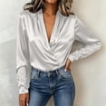 thumbnail image 6 of IUYRTFE Women's Satin Wrap V Neck Long Sleeve Blouse Draped Front Elegant Casual Work Top, 6 of 9