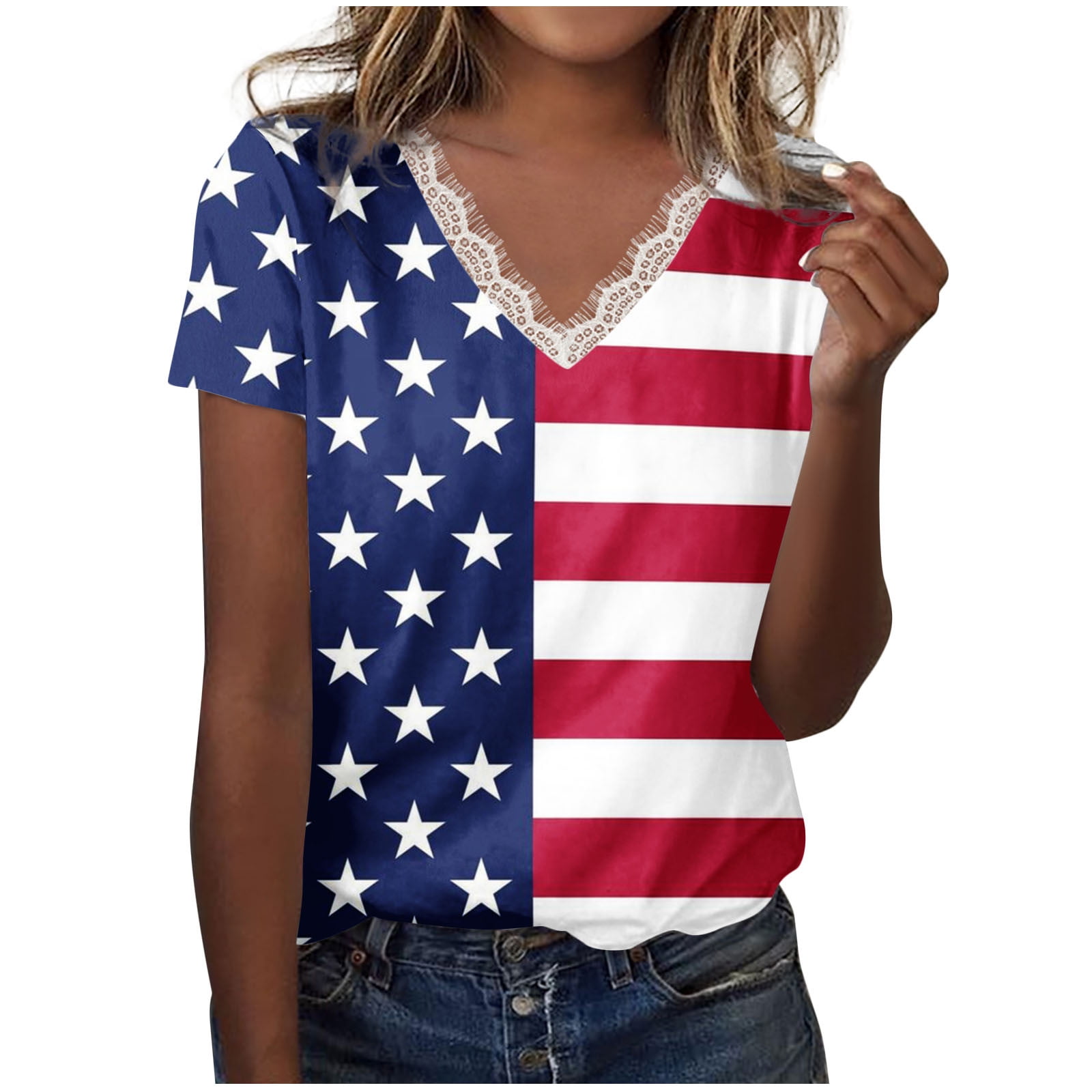 Women's V-Neck American Flag Sunflower T-Shirt 4th July Shirt Boho