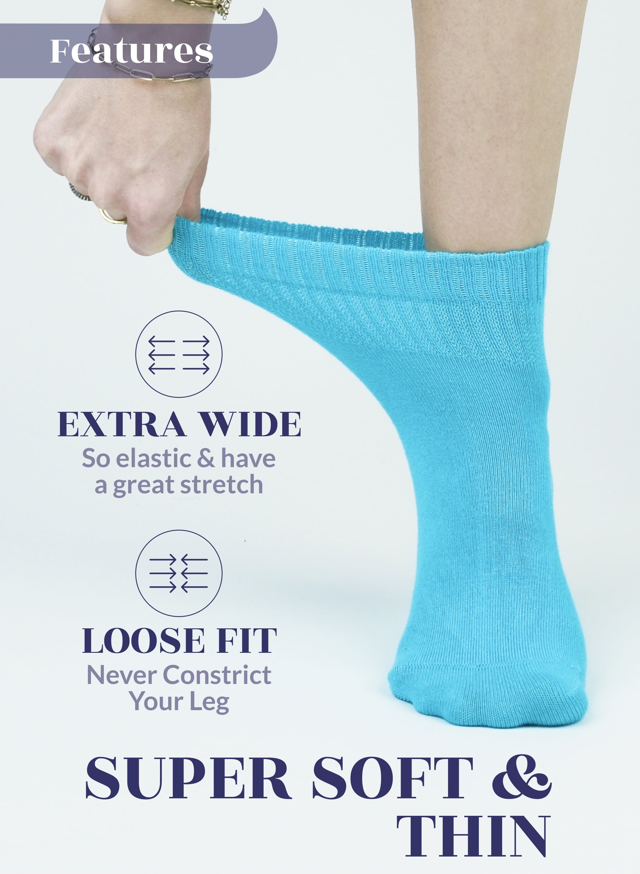 HUGH UGOLI Women Diabetic Ankle Socks, Super Soft & Thin Bamboo Socks, Wide & Loose, Non-Binding Top & Seamless Toe, 4 Pairs, Blue Curacao, Shoe Size: 6-9