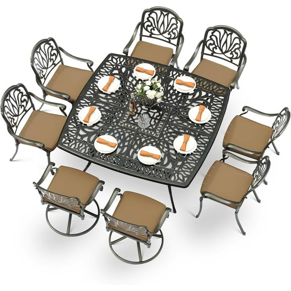 MEETWARM 9-Piece Outdoor Patio Dining Set for 8, All Weather Cast Aluminum Patio Funiture Table and Chairs Set- Large 64" Square Table and 2 Swivel Rocker Chairs, 6 Stationary, Umbrella Hole, Khaki