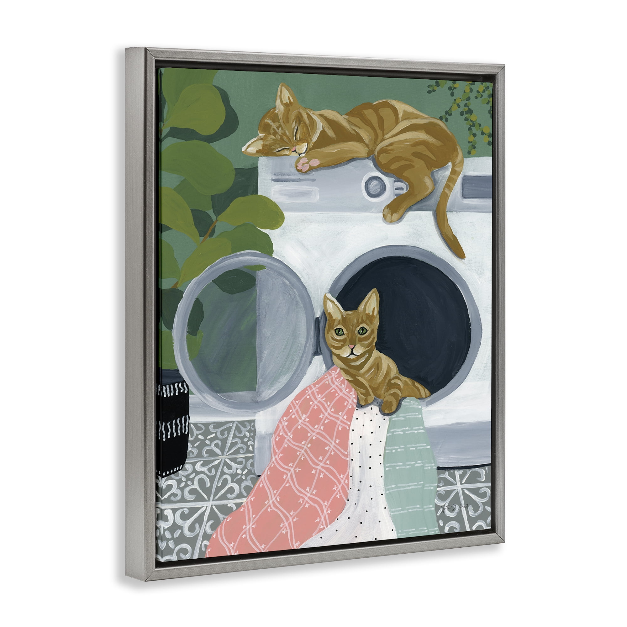 Stupell Industries Cuddling Laundry Cats Bath & Laundry Painting Gray Floater Framed Canvas Art Print Wall Art, 25 x 31