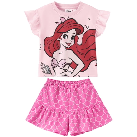 Disney Princess Girls Ariel Graphic Crop Tee and Mermaid Dress-Style Shorts Summer Pink Outfit Set Baby Toddlers 2T