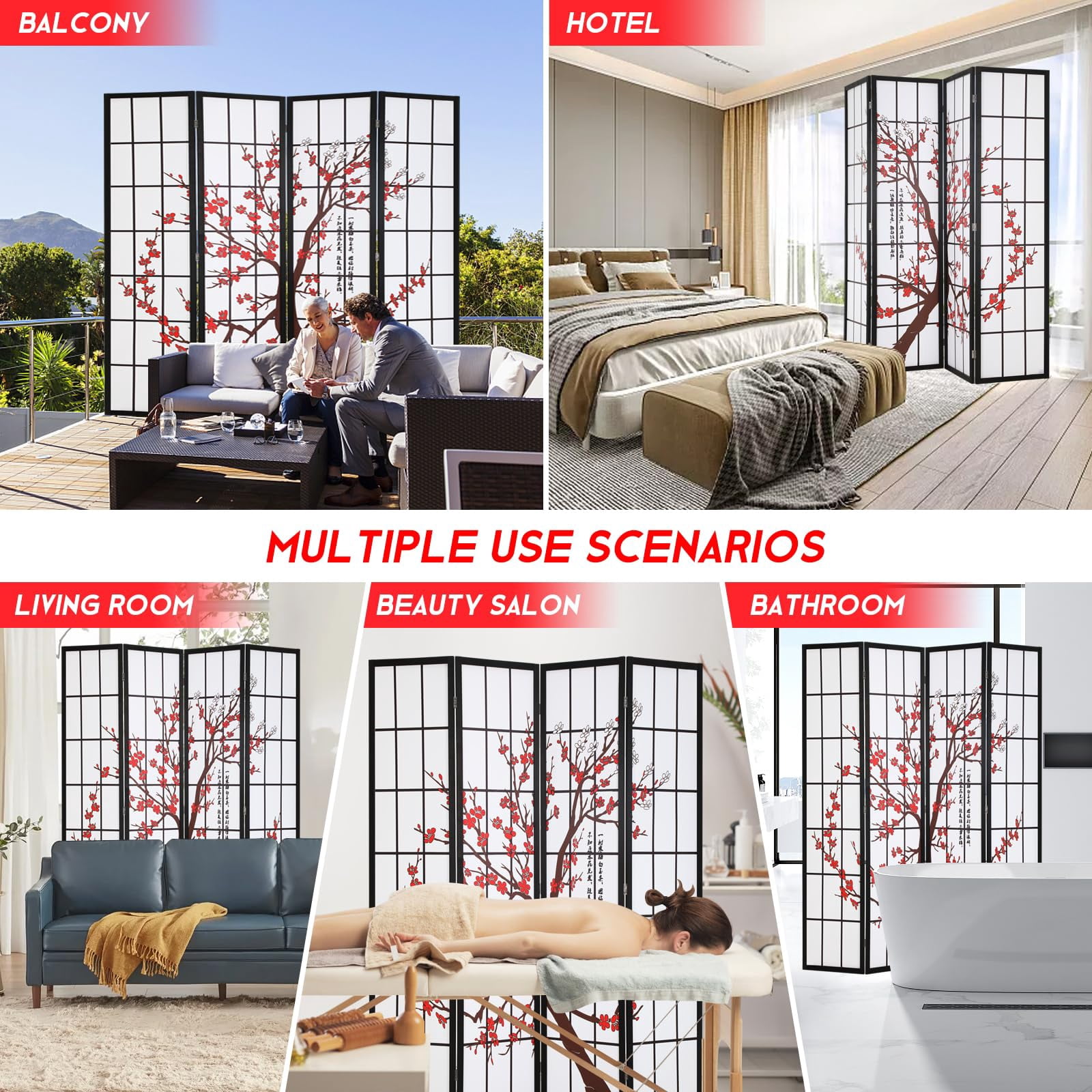 Room Divider 4 Panel Folding Privacy Screen 6Ft Room Partition Shoji Wall Divider Screen Portable Wood Divider for Office, Bedroom, Restaurant, Freestanding