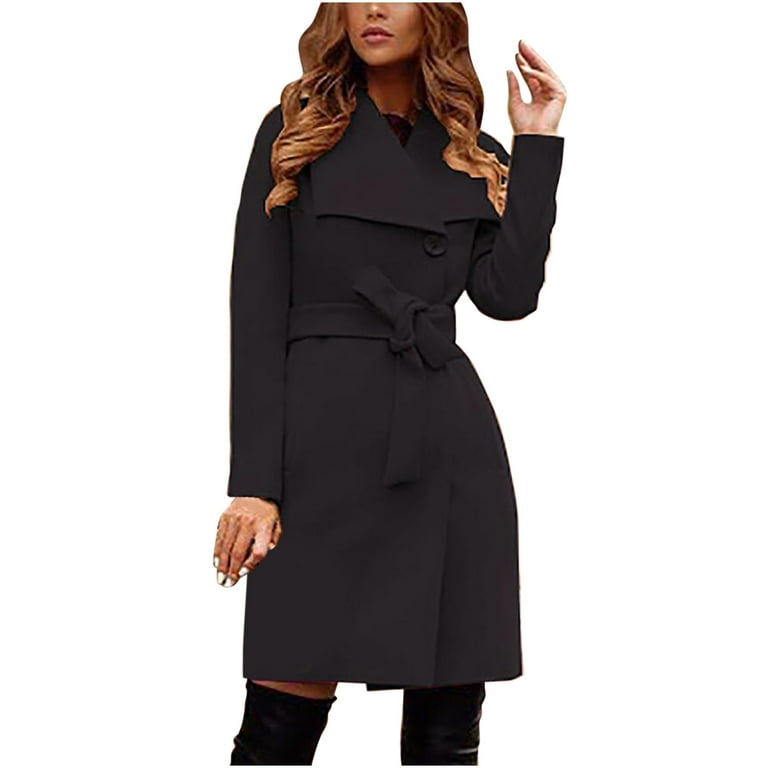 Yuwull Women Dress Coat Belted Mid Long Peacoat Trench Coats