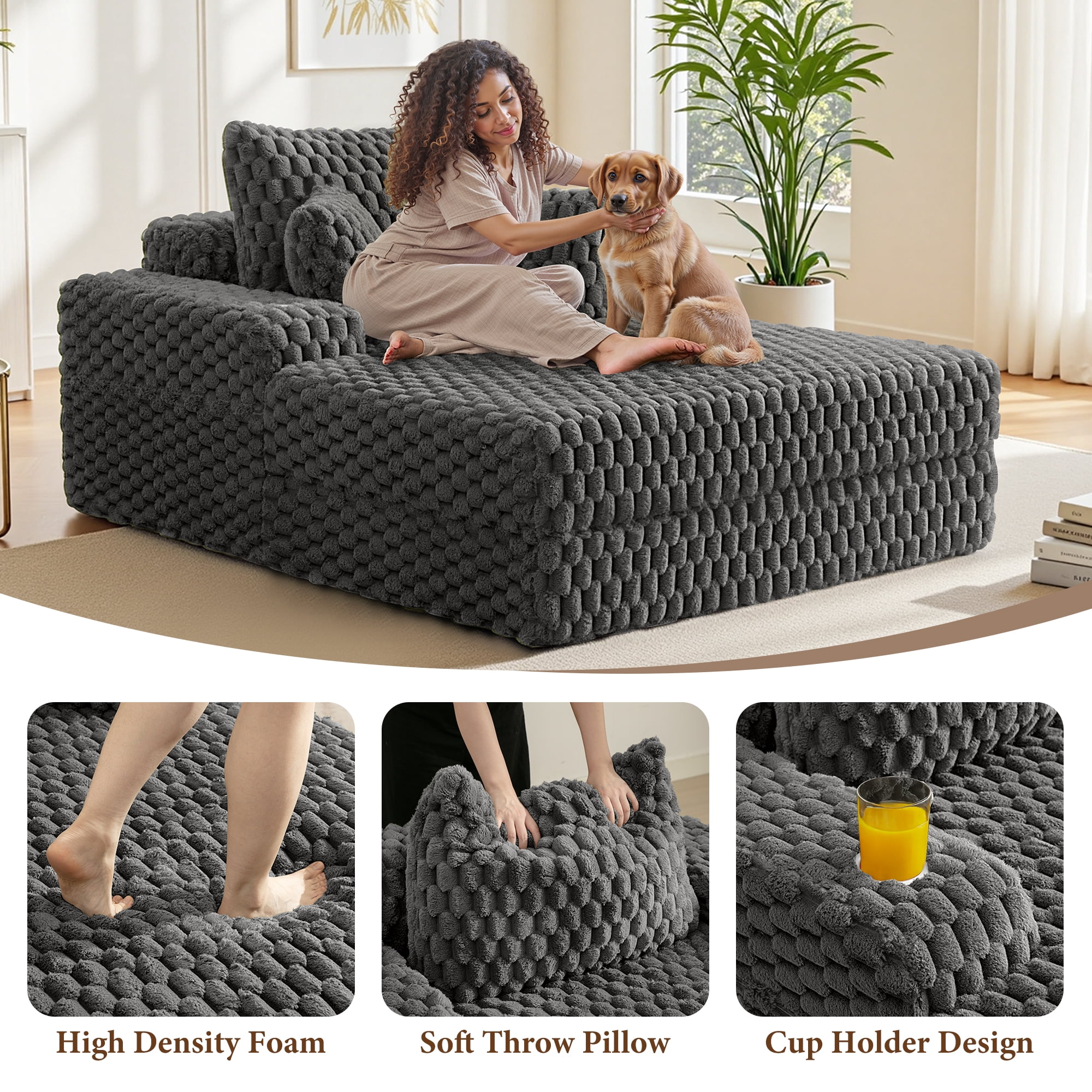 ATHOPE 67.3" Chaise Lounge Chair Indoor, Corduroy Couch Chair with Pillows, Comfy Reading Chairs with Wide Arms, Upholstered Sleeper Sofa for Living Room, No Assembly Required, Gray