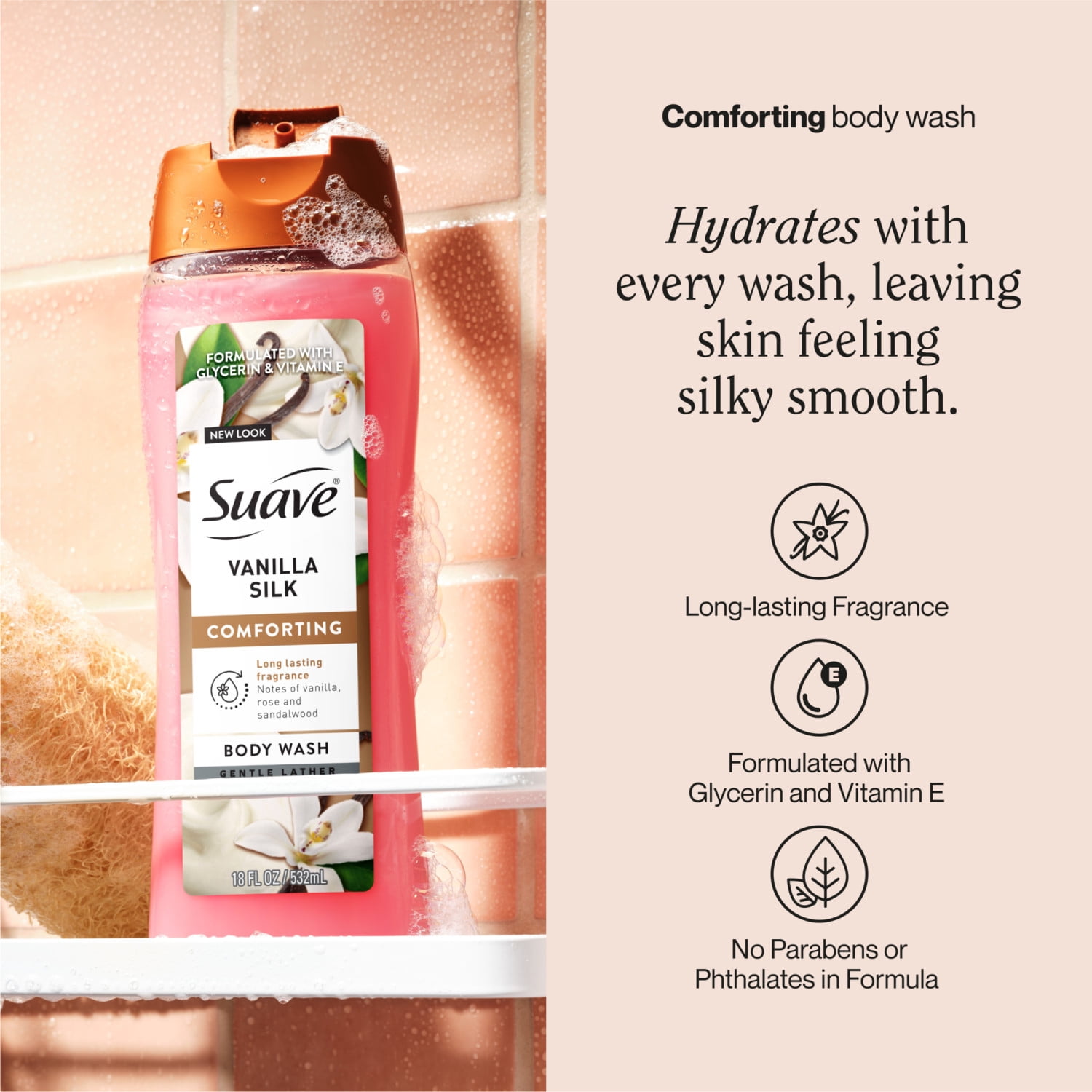 (2 pack) Suave Vanilla Silk Moisturizing Body Wash with Glycerin & Vitamin E, 18 FL OZ