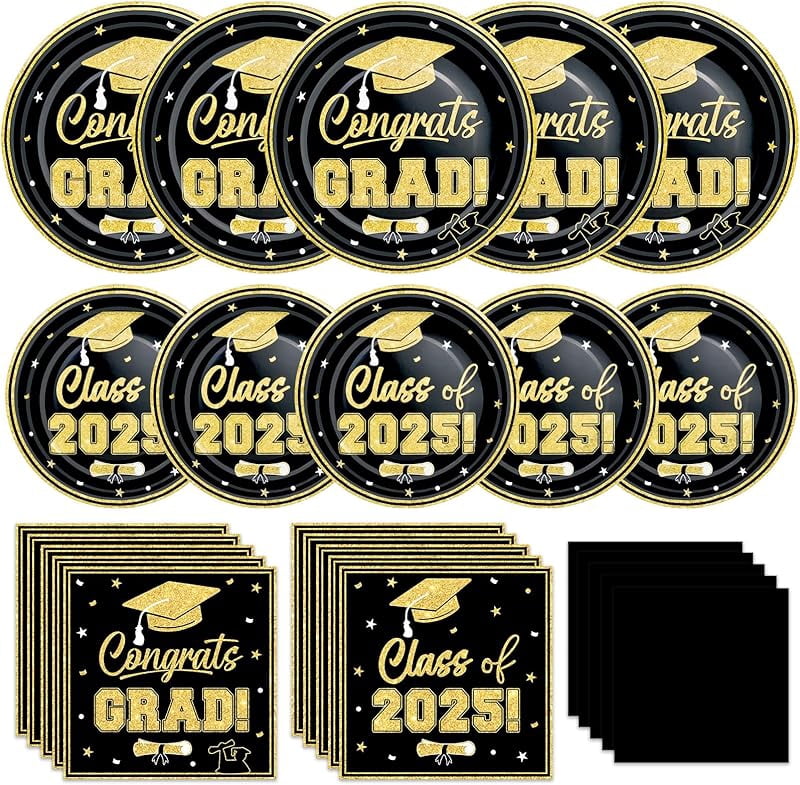 2025 Abschlussfeier-Deko-Set In Schwarz-Gold – Für 24 Gäste, Mit Tellern, Servietten, Tischdecke, Tassen & Banner