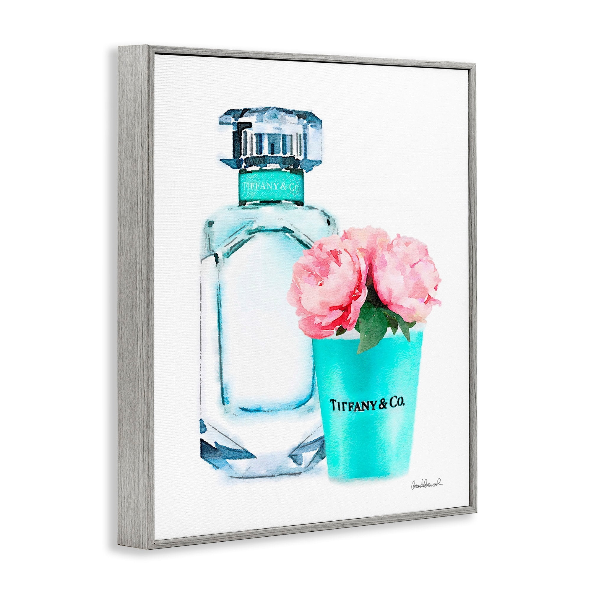 Stupell Industries Teal Blue Perfume Bottle and Pink Peonies, 24 x 30,Design by Amanda Greenwood