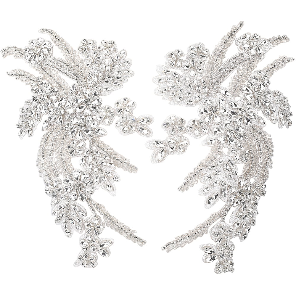 2Pcs Rhinestone Beaded Floral Embroidered Appliques Handmade 3D Shiny Bling Sequins Stone Embroidery Flower Lace Trim Applique Patches for Sewing Making Dress Gowns Wedding Clothes DIY