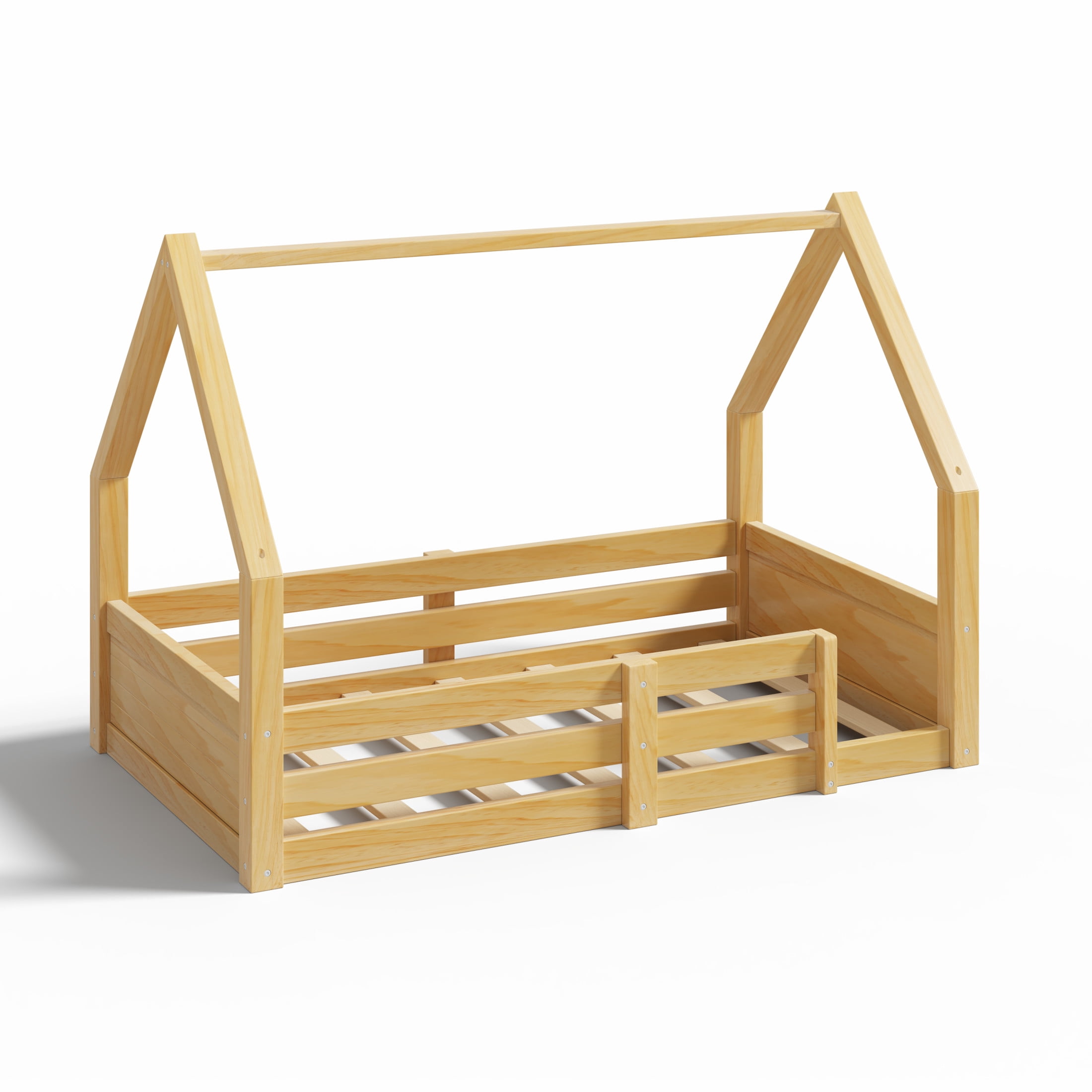 Noble House Salma Twin Size House Floor Wooden Bed with Roof Frame & Grooved Panels, Safety Guardrails, Natural