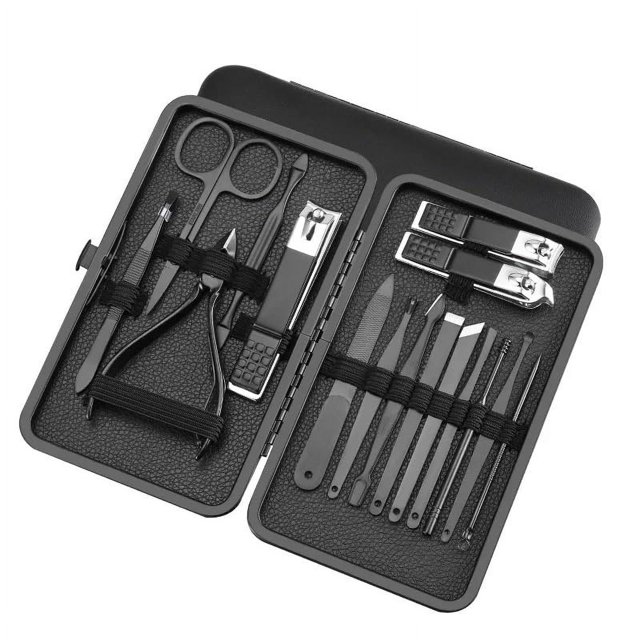 Cortaúñas negro, juego de 18 tijeras de acero inoxidable para manicura y pedicura, kit de alicates, recortador, herramienta de cuidado con estuche de viaje