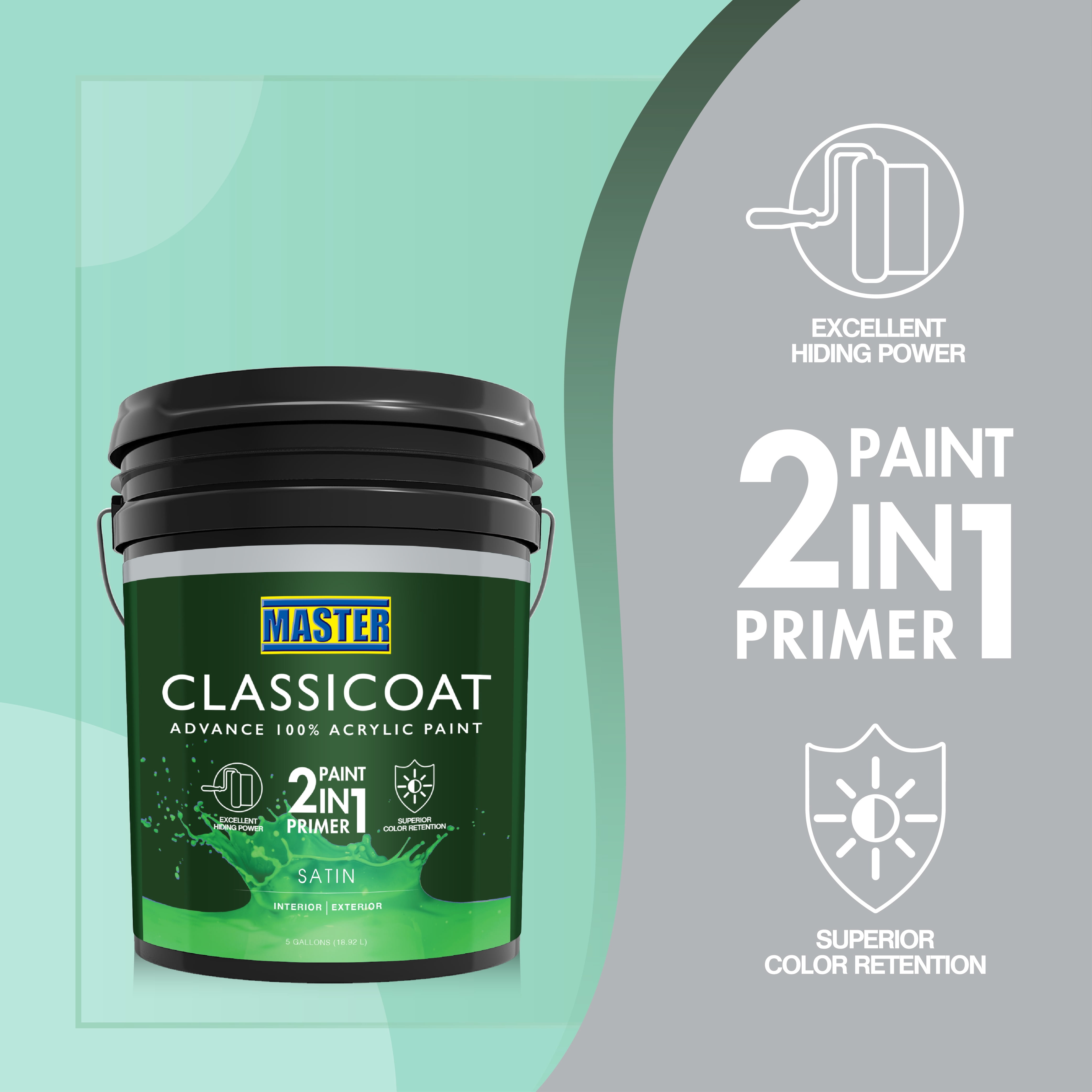 Master Classicoat 2in1 Paint and Primer Interior/Exterior Satin, White, 5 gal